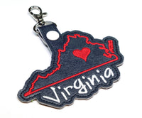 Virginia state snap tab - DIGITAL DOWNLOAD - In The Hoop Embroidery Machine Design - key fob - keychain - luggage tag
