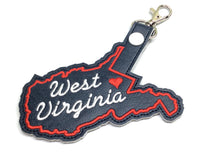 West Virginia state snap tab - DIGITAL DOWNLOAD - In The Hoop Embroidery Machine Design - key fob - keychain - luggage tag