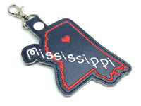 Mississippi state snap tab - DIGITAL DOWNLOAD - In The Hoop Embroidery Machine Design - key fob - keychain - luggage tag