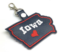 Iowa state snap tab - DIGITAL DOWNLOAD - In The Hoop Embroidery Machine Design - key fob - keychain - luggage tag