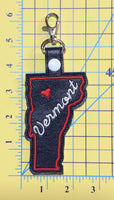 Vermont state snap tab - DIGITAL DOWNLOAD - In The Hoop Embroidery Machine Design - key fob - keychain - luggage tag