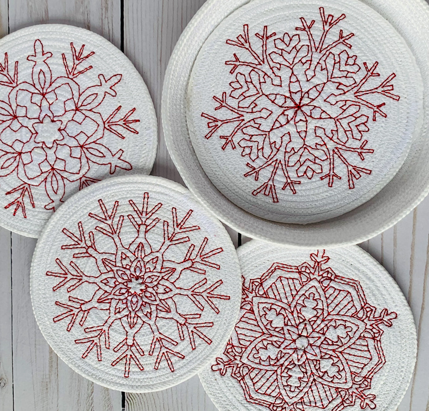 Coaster Size Redwork Snowflake Set of 4 - machine embroidery design - | MollyMadeDesigns coaster-size-redwork-snowflake-set-of-4-machine-embroidery-design-mollymadedesigns