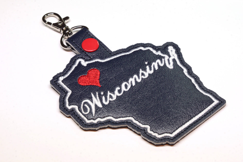 Wisconsin state snap tab - DIGITAL DOWNLOAD - In The Hoop Embroidery Machine Design - key fob - keychain - luggage tag