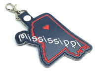 Mississippi state snap tab - DIGITAL DOWNLOAD - In The Hoop Embroidery Machine Design - key fob - keychain - luggage tag
