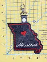 Missouri state snap tab - DIGITAL DOWNLOAD - In The Hoop Embroidery Machine Design - key fob - keychain - luggage tag
