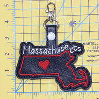 Massachusetts state snap tab - DIGITAL DOWNLOAD - In The Hoop Embroidery Machine Design - key fob - keychain - luggage tag