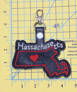 Massachusetts state snap tab - DIGITAL DOWNLOAD - In The Hoop Embroidery Machine Design - key fob - keychain - luggage tag