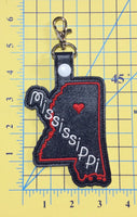 Mississippi state snap tab - DIGITAL DOWNLOAD - In The Hoop Embroidery Machine Design - key fob - keychain - luggage tag
