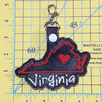 Virginia state snap tab - DIGITAL DOWNLOAD - In The Hoop Embroidery Machine Design - key fob - keychain - luggage tag