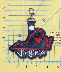 Virginia state snap tab - DIGITAL DOWNLOAD - In The Hoop Embroidery Machine Design - key fob - keychain - luggage tag