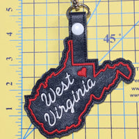 West Virginia state snap tab - DIGITAL DOWNLOAD - In The Hoop Embroidery Machine Design - key fob - keychain - luggage tag