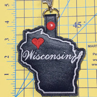 Wisconsin state snap tab - DIGITAL DOWNLOAD - In The Hoop Embroidery Machine Design - key fob - keychain - luggage tag