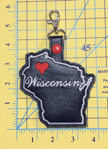 Wisconsin state snap tab - DIGITAL DOWNLOAD - In The Hoop Embroidery Machine Design - key fob - keychain - luggage tag